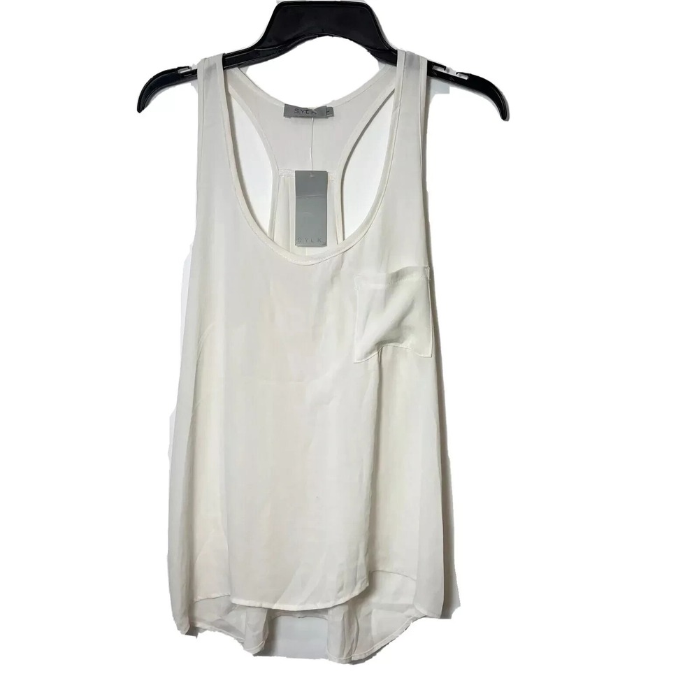 S.Y.L.K Basic Pocket Chiffon Woven Tank Top Womens Ivory L Racerback‎ Scoop New